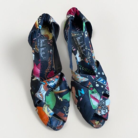 NICOLE MILLER Artelier Shoes Pop Art Print 100% Silk High Heels Pumps Sz 8.5 Vtg - Picture 3 of 13